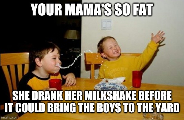 Yo Mamas So Fat Meme | YOUR MAMA'S SO FAT; SHE DRANK HER MILKSHAKE BEFORE IT COULD BRING THE BOYS TO THE YARD | image tagged in memes,yo mamas so fat | made w/ Imgflip meme maker