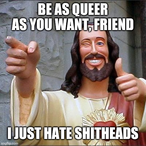 Buddy Christ Meme | BE AS QUEER AS YOU WANT, FRIEND; I JUST HATE SHITHEADS | image tagged in memes,buddy christ | made w/ Imgflip meme maker