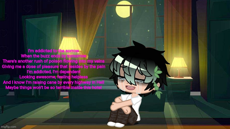 I'm addicted to the sorrow
When the buzz ends by tomorrow
There's another rush of poison flowing into my veins
Giving me a dose of pleasure that resides by the pain
I'm addicted, I'm dependent
Looking awesome, feeling helpless
And I know I'm raising cane by every highway in Hell
Maybe things won't be so terrible inside this hotel | made w/ Imgflip meme maker