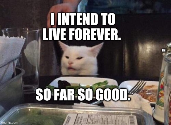 Salad cat | I INTEND TO LIVE FOREVER. J M; SO FAR SO GOOD. | image tagged in salad cat | made w/ Imgflip meme maker
