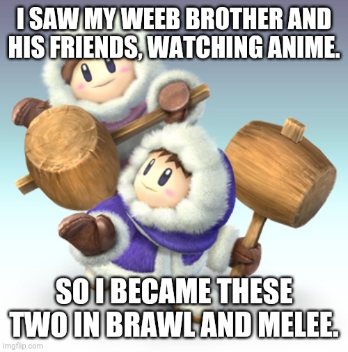 I crashed the TV they were using. | I SAW MY WEEB BROTHER AND HIS FRIENDS, WATCHING ANIME. SO I BECAME THESE TWO IN BRAWL AND MELEE. | image tagged in ice climbers in where | made w/ Imgflip meme maker