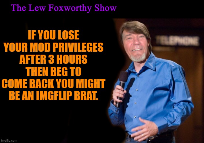 you might be an imgflip brat | IF YOU LOSE YOUR MOD PRIVILEGES AFTER 3 HOURS THEN BEG TO COME BACK YOU MIGHT BE AN IMGFLIP BRAT. | image tagged in lew foxworthy,kewlew | made w/ Imgflip meme maker