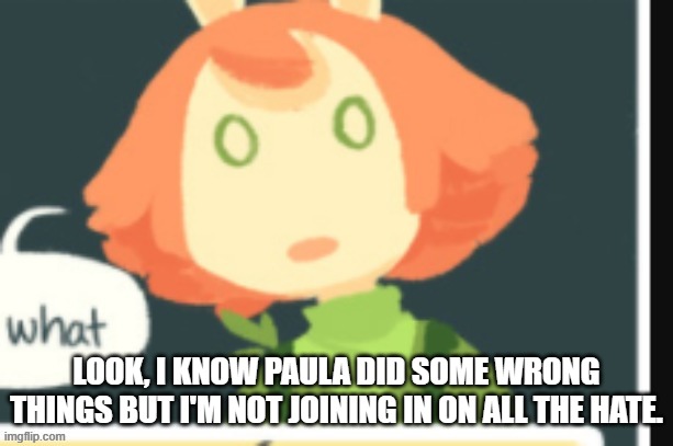 Cucumber is confused | LOOK, I KNOW PAULA DID SOME WRONG THINGS BUT I'M NOT JOINING IN ON ALL THE HATE. | image tagged in cucumber is confused | made w/ Imgflip meme maker