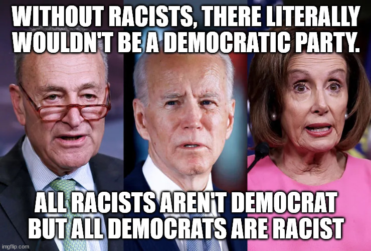 All racists aren't Democrat but all Democrats are racist | WITHOUT RACISTS, THERE LITERALLY WOULDN'T BE A DEMOCRATIC PARTY. ALL RACISTS AREN'T DEMOCRAT BUT ALL DEMOCRATS ARE RACIST | image tagged in democrats,racist | made w/ Imgflip meme maker