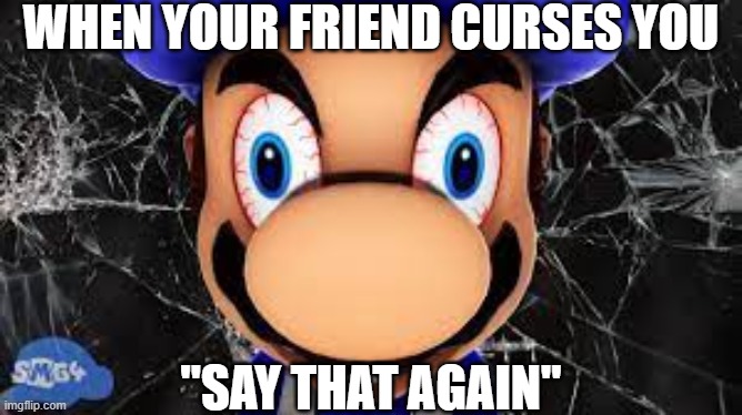 INSANE YOU | WHEN YOUR FRIEND CURSES YOU; "SAY THAT AGAIN" | image tagged in smg4 goes insane | made w/ Imgflip meme maker