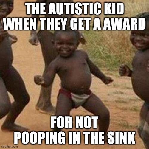 the happiness thing to the world | THE AUTISTIC KID WHEN THEY GET A AWARD; FOR NOT POOPING IN THE SINK | image tagged in memes,third world success kid | made w/ Imgflip meme maker