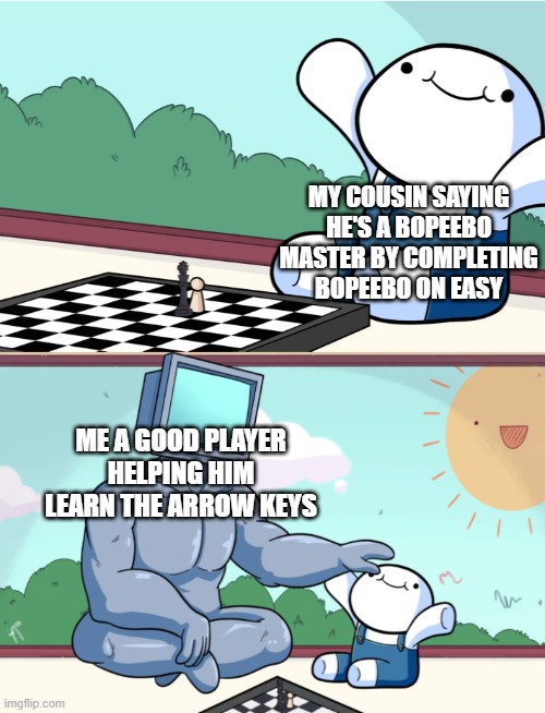 FNF with my cousin | MY COUSIN SAYING HE'S A BOPEEBO MASTER BY COMPLETING BOPEEBO ON EASY; ME A GOOD PLAYER HELPING HIM LEARN THE ARROW KEYS | image tagged in odd1sout vs computer chess,fnf | made w/ Imgflip meme maker
