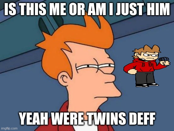 Futurama Fry Meme | IS THIS ME OR AM I JUST HIM; YEAH WERE TWINS DEFF | image tagged in memes,futurama fry | made w/ Imgflip meme maker