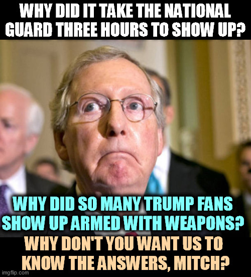 Guns were not the only weapons that day, though there were guns there. | WHY DID IT TAKE THE NATIONAL GUARD THREE HOURS TO SHOW UP? WHY DID SO MANY TRUMP FANS SHOW UP ARMED WITH WEAPONS? WHY DON'T YOU WANT US TO 
KNOW THE ANSWERS, MITCH? | image tagged in mitch mcconnell,capitol hill,riots,questions | made w/ Imgflip meme maker