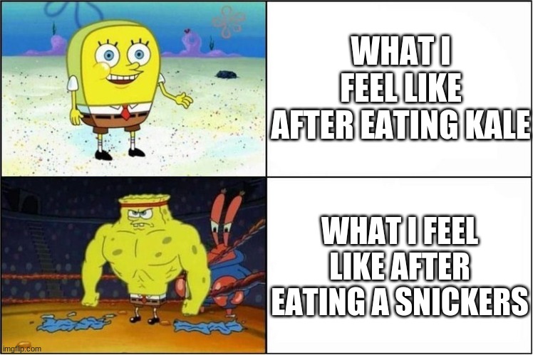 Weak vs Strong Spongebob | WHAT I FEEL LIKE AFTER EATING KALE; WHAT I FEEL LIKE AFTER EATING A SNICKERS | image tagged in weak vs strong spongebob | made w/ Imgflip meme maker