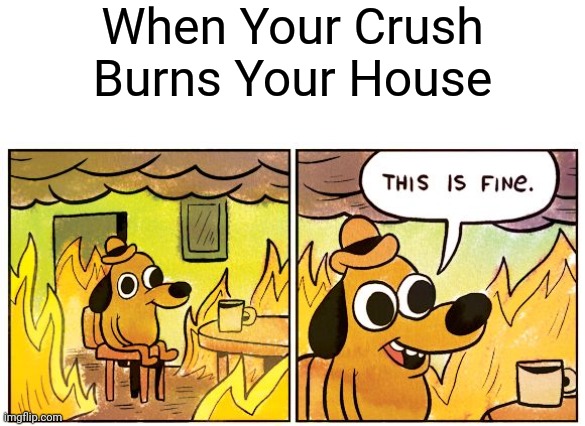 Fine! |  When Your Crush Burns Your House | image tagged in memes,this is fine,funny,fun,funny memes | made w/ Imgflip meme maker