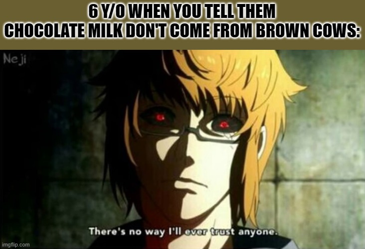 6 Y/O WHEN YOU TELL THEM CHOCOLATE MILK DON'T COME FROM BROWN COWS: | made w/ Imgflip meme maker
