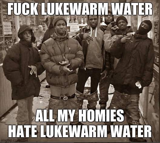 All my homies hate | FUCK LUKEWARM WATER; ALL MY HOMIES HATE LUKEWARM WATER | image tagged in all my homies hate | made w/ Imgflip meme maker