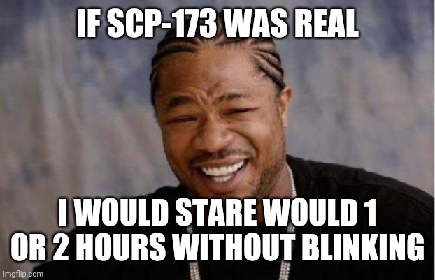 Yo Dawg Heard You | IF SCP-173 WAS REAL; I WOULD STARE WOULD 1 OR 2 HOURS WITHOUT BLINKING | image tagged in memes,yo dawg heard you | made w/ Imgflip meme maker