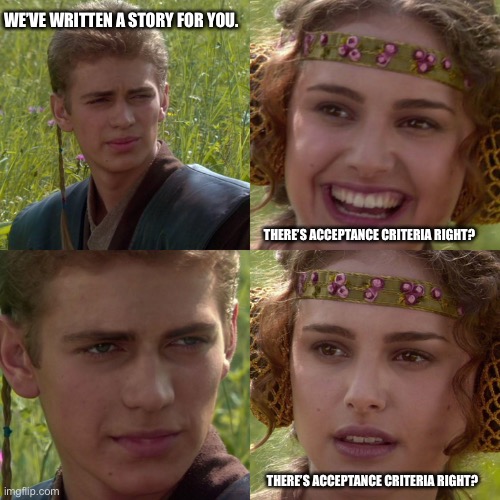 Anakin Padme 4 Panel | WE’VE WRITTEN A STORY FOR YOU. THERE’S ACCEPTANCE CRITERIA RIGHT? THERE’S ACCEPTANCE CRITERIA RIGHT? | image tagged in anakin padme 4 panel | made w/ Imgflip meme maker