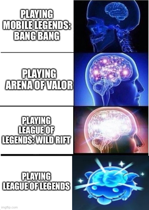 A random LoL meme | PLAYING MOBILE LEGENDS: BANG BANG; PLAYING ARENA OF VALOR; PLAYING LEAGUE OF LEGENDS: WILD RIFT; PLAYING LEAGUE OF LEGENDS | image tagged in memes,expanding brain,lol,funny meme | made w/ Imgflip meme maker