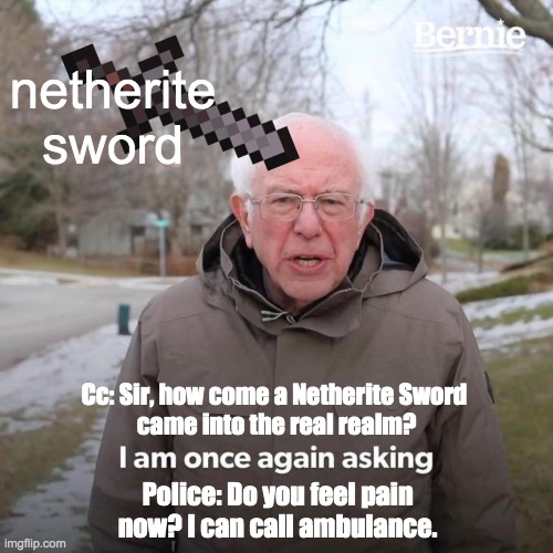 Bro! How Do You Resist That **** | netherite sword; Cc: Sir, how come a Netherite Sword 
came into the real realm? Police: Do you feel pain now? I can call ambulance. | image tagged in memes,bernie i am once again asking for your support | made w/ Imgflip meme maker