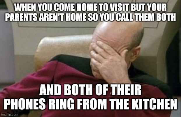 Captain Picard Facepalm Meme | WHEN YOU COME HOME TO VISIT BUT YOUR PARENTS AREN'T HOME SO YOU CALL THEM BOTH; AND BOTH OF THEIR PHONES RING FROM THE KITCHEN | image tagged in memes,captain picard facepalm,parents,technology | made w/ Imgflip meme maker