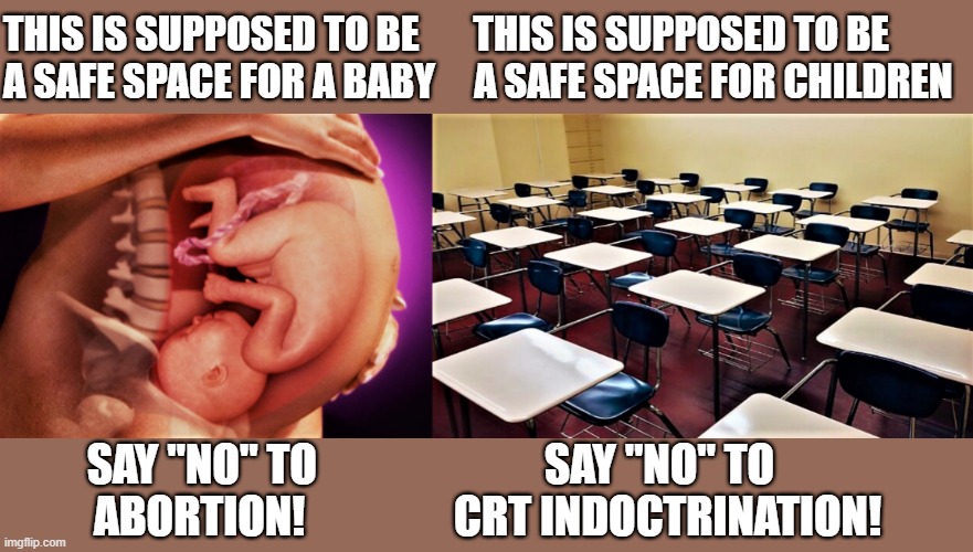 Safe spaces classroom and womb | THIS IS SUPPOSED TO BE       THIS IS SUPPOSED TO BE
A SAFE SPACE FOR A BABY     A SAFE SPACE FOR CHILDREN; SAY "NO" TO                          SAY "NO" TO              
ABORTION!                 CRT INDOCTRINATION! | image tagged in political meme,abortion,crt,safe space,baby,children | made w/ Imgflip meme maker