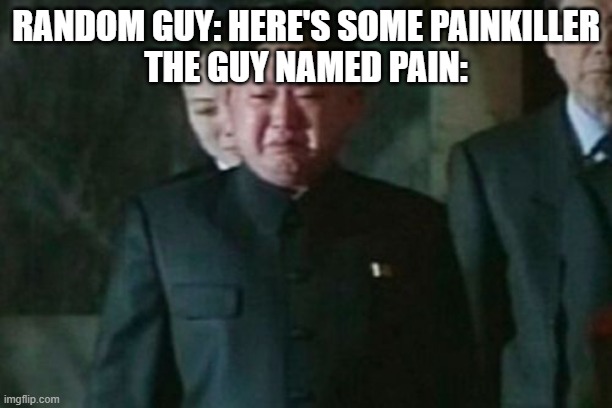 Kim Jong Un Sad |  RANDOM GUY: HERE'S SOME PAINKILLER
THE GUY NAMED PAIN: | image tagged in memes,kim jong un sad | made w/ Imgflip meme maker