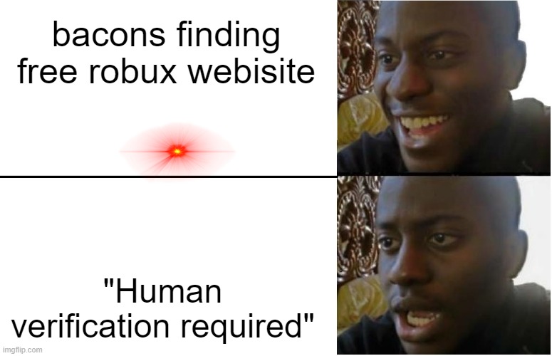 Disappointed Black Guy |  bacons finding free robux webisite; "Human verification required" | image tagged in disappointed black guy | made w/ Imgflip meme maker