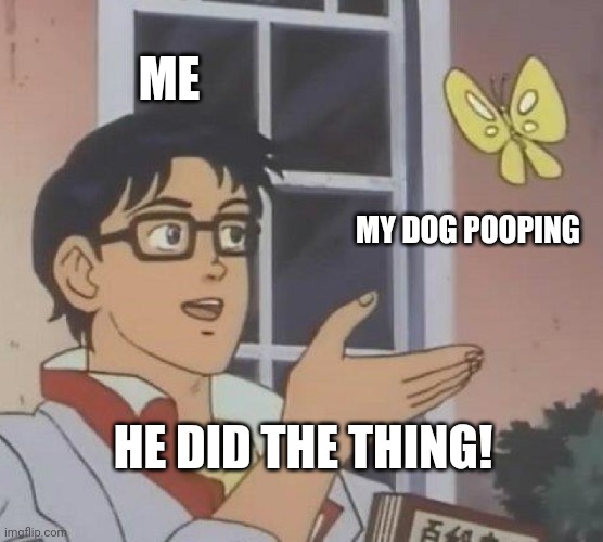 Is This A Pigeon Meme | ME MY DOG POOPING HE DID THE THING! | image tagged in memes,is this a pigeon | made w/ Imgflip meme maker