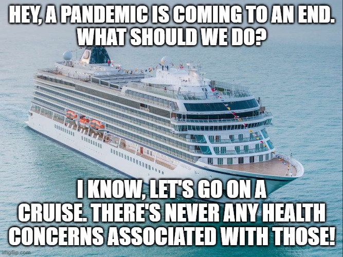Define Insanity |  HEY, A PANDEMIC IS COMING TO AN END.
WHAT SHOULD WE DO? I KNOW, LET'S GO ON A CRUISE. THERE'S NEVER ANY HEALTH CONCERNS ASSOCIATED WITH THOSE! | image tagged in dark humor,humor,pandemic,vacation,cruise ship | made w/ Imgflip meme maker