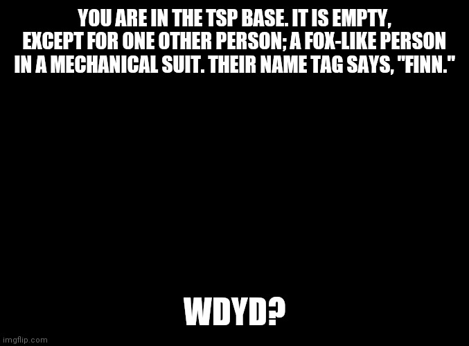 blank black | YOU ARE IN THE TSP BASE. IT IS EMPTY, EXCEPT FOR ONE OTHER PERSON; A FOX-LIKE PERSON IN A MECHANICAL SUIT. THEIR NAME TAG SAYS, "FINN."; WDYD? | image tagged in blank black | made w/ Imgflip meme maker