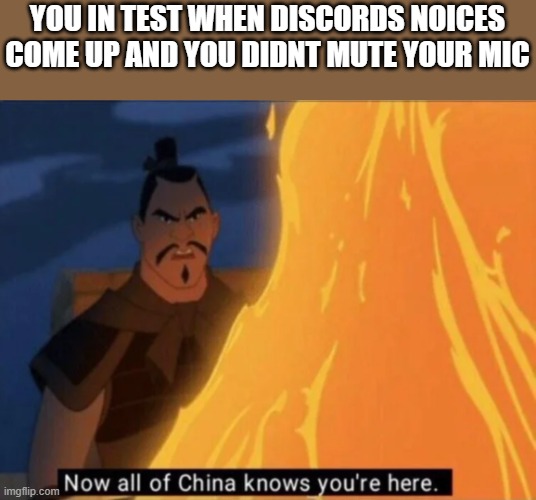 Now all of China knows you're here | YOU IN TEST WHEN DISCORDS NOICES COME UP AND YOU DIDNT MUTE YOUR MIC | image tagged in now all of china knows you're here | made w/ Imgflip meme maker