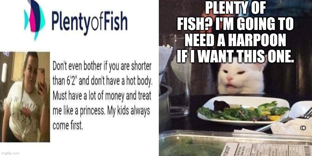 PLENTY OF FISH? I'M GOING TO NEED A HARPOON IF I WANT THIS ONE. J M | image tagged in smudge the cat | made w/ Imgflip meme maker
