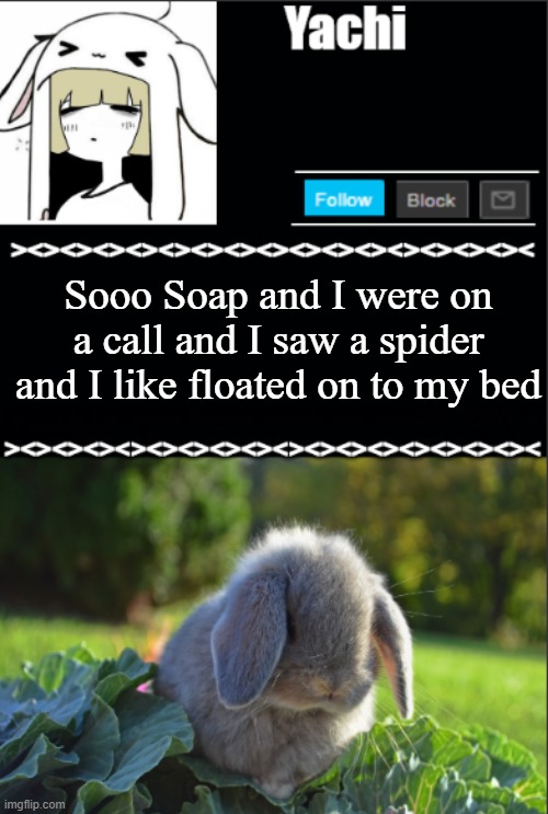 Yachi temp | Sooo Soap and I were on a call and I saw a spider and I like floated on to my bed | image tagged in yachi temp | made w/ Imgflip meme maker
