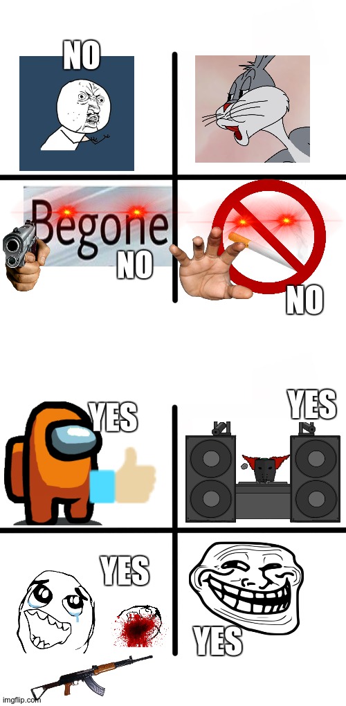 the four horsemen of no and yes | NO; NO; NO; YES; YES; YES; YES | image tagged in memes,blank starter pack | made w/ Imgflip meme maker