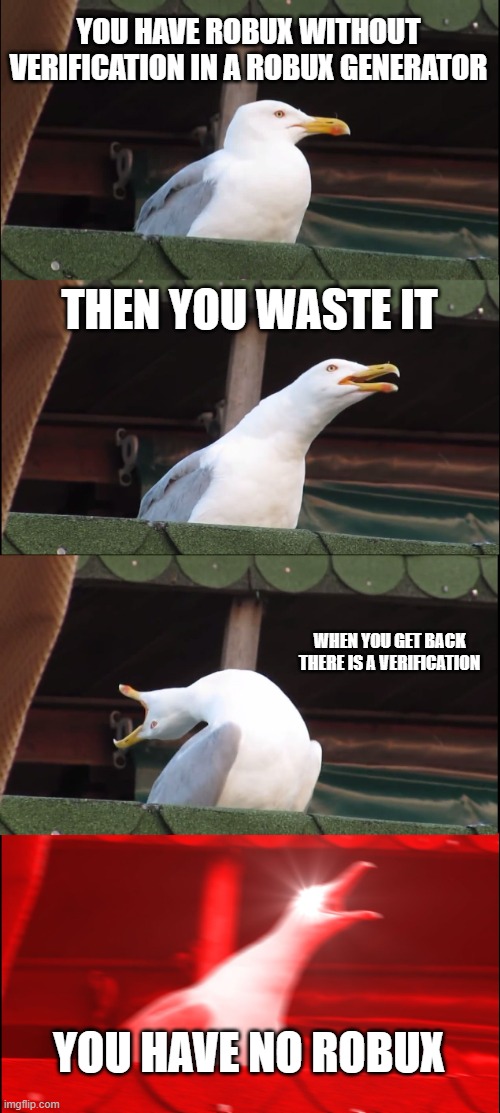 Inhaling Seagull Meme | YOU HAVE ROBUX WITHOUT VERIFICATION IN A ROBUX GENERATOR; THEN YOU WASTE IT; WHEN YOU GET BACK THERE IS A VERIFICATION; YOU HAVE NO ROBUX | image tagged in memes,inhaling seagull | made w/ Imgflip meme maker