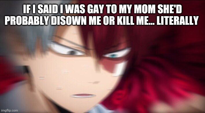 Not so fun facts- | IF I SAID I WAS GAY TO MY MOM SHE'D PROBABLY DISOWN ME OR KILL ME... LITERALLY | image tagged in todoroki thinking | made w/ Imgflip meme maker