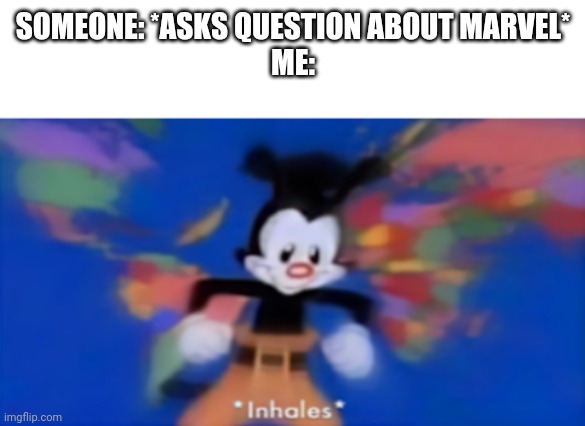Yakko inhale | SOMEONE: *ASKS QUESTION ABOUT MARVEL*
ME: | image tagged in yakko inhale | made w/ Imgflip meme maker