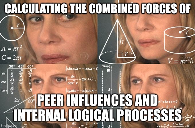 Calculating meme | CALCULATING THE COMBINED FORCES OF PEER INFLUENCES AND INTERNAL LOGICAL PROCESSES | image tagged in calculating meme | made w/ Imgflip meme maker