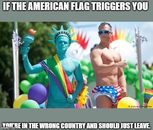 Watch Trumpies get triggered over the flag.... (link in comments) | IF THE AMERICAN FLAG TRIGGERS YOU; YOU'RE IN THE WRONG COUNTRY AND SHOULD JUST LEAVE. | image tagged in lol,memes,justice,gay pride,lgbtq | made w/ Imgflip meme maker