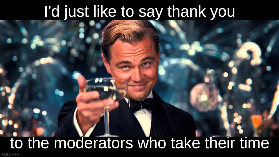 how many memes do you moderate per day? | I'd just like to say thank you; to the moderators who take their time | image tagged in lionardo dicaprio thank you,thank you,moderators,imgflip | made w/ Imgflip meme maker