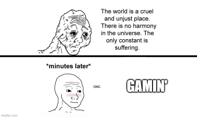 gamin' is cool | GAMIN' | image tagged in the world is a cruel and unjust place | made w/ Imgflip meme maker