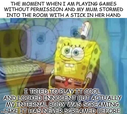 Internal screaming | THE MOMENT WHEN I AM PLAYING GAMES WITHOUT PERMISSION AND MY MUM STORMED INTO THE ROOM WITH A STICK IN HER HAND; I TRIED TO PLAY IT COOL AND LOOKED INNOCENT BUT ACTUALLY MY INTERNAL BODY WAS SCREAMING LIKE IT HAS NEVER SCREAMED BEFORE | image tagged in internal screaming | made w/ Imgflip meme maker
