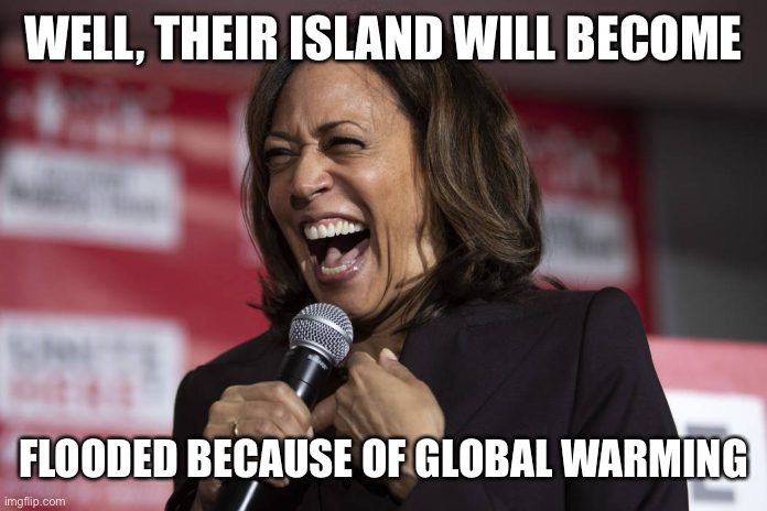 Kamala laughing | WELL, THEIR ISLAND WILL BECOME FLOODED BECAUSE OF GLOBAL WARMING | image tagged in kamala laughing | made w/ Imgflip meme maker