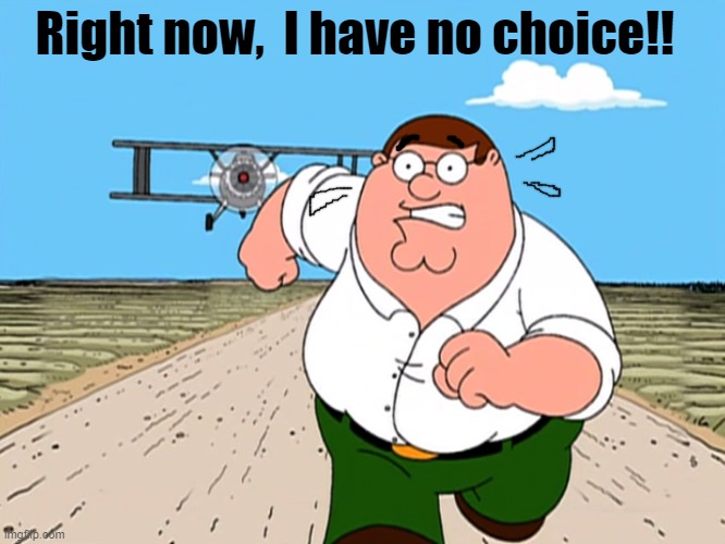 Peter Griffin running away | Right now,  I have no choice!! | image tagged in peter griffin running away | made w/ Imgflip meme maker