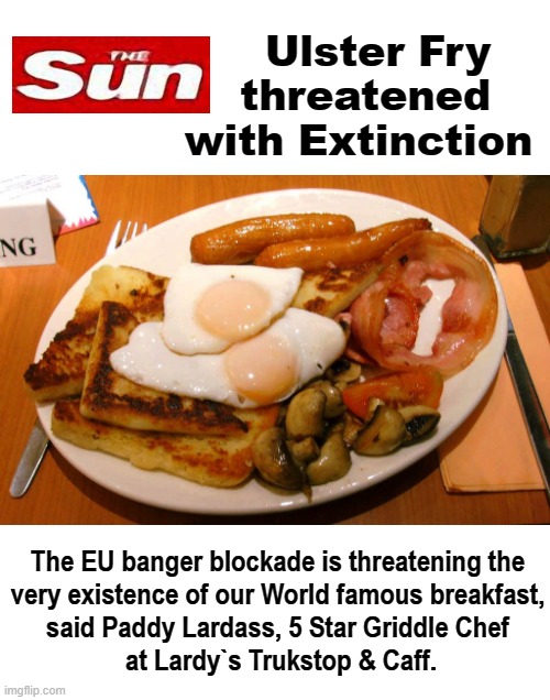 EU Sausage War | Ulster Fry    
threatened    
with Extinction; The EU banger blockade is threatening the
very existence of our World famous breakfast,
said Paddy Lardass, 5 Star Griddle Chef
 at Lardy`s Trukstop & Caff. | image tagged in breaking news | made w/ Imgflip meme maker