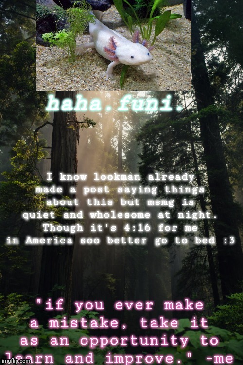 I know lookman already made a post saying things about this but msmg is quiet and wholesome at night. Though it's 4:16 for me in America soo better go to bed :3 | made w/ Imgflip meme maker