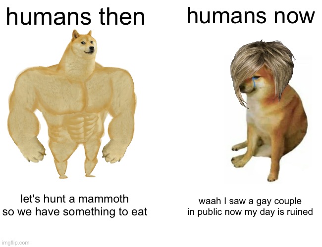 Buff Doge vs. Cheems | humans then; humans now; let's hunt a mammoth so we have something to eat; waah I saw a gay couple in public now my day is ruined | image tagged in memes,buff doge vs cheems | made w/ Imgflip meme maker