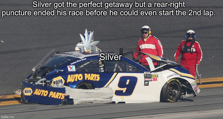 MemeYear are under fire once again. | Silver got the perfect getaway but a rear-right puncture ended his race before he could even start the 2nd lap. Silver | image tagged in silver,memes,las vegas,nmcs,nascar | made w/ Imgflip meme maker