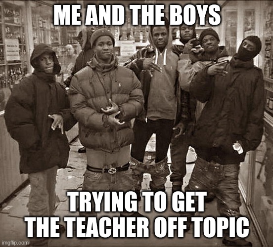 All My Homies Hate | ME AND THE BOYS; TRYING TO GET THE TEACHER OFF TOPIC | image tagged in all my homies hate | made w/ Imgflip meme maker