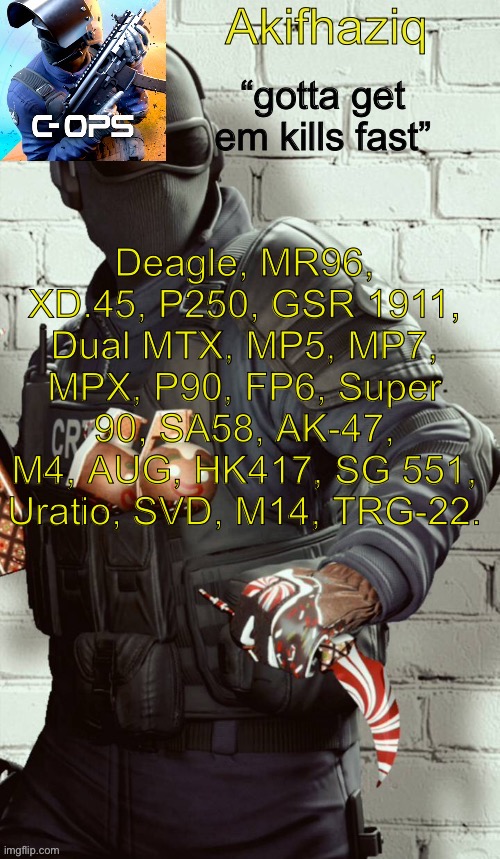idk | Deagle, MR96, XD.45, P250, GSR 1911, Dual MTX, MP5, MP7, MPX, P90, FP6, Super 90, SA58, AK-47, M4, AUG, HK417, SG 551, Uratio, SVD, M14, TRG-22. | image tagged in akifhaziq critical ops temp | made w/ Imgflip meme maker