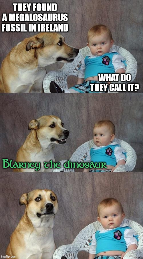 Irish Megalosaurus is...what? |  THEY FOUND A MEGALOSAURUS FOSSIL IN IRELAND; WHAT DO THEY CALL IT? Blarney the dinosaur | image tagged in memes,dad joke dog,dinosaur,megalosaurus,joke | made w/ Imgflip meme maker
