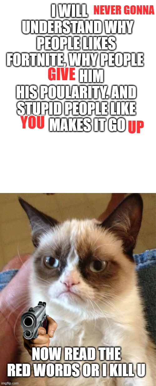 Grumpy Cat Meme | NEVER GONNA; I WILL       UNDERSTAND WHY PEOPLE LIKES FORTNITE, WHY PEOPLE             HIM HIS POULARITY. AND STUPID PEOPLE LIKE          MAKES IT GO; GIVE; YOU; UP; NOW READ THE RED WORDS OR I KILL U | image tagged in memes,grumpy cat | made w/ Imgflip meme maker